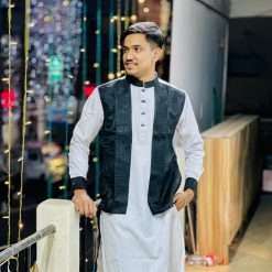 Trendy Attached Koti Panjabi (White/Black)