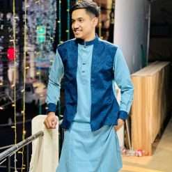 Alternative view of Trendy Attached Koti Panjabi (Sky Blue/Navy)