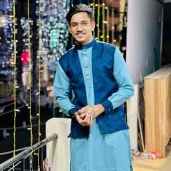 Trendy Attached Koti Panjabi (Sky Blue/Navy)